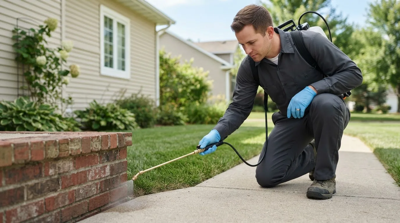 Pest control technician treating a home near Gwinner, ND
